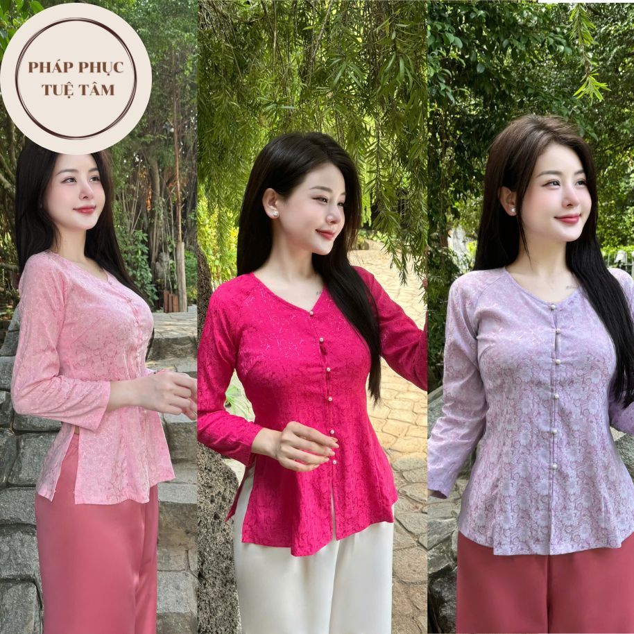 [Nhiều màu] Áo bà ba cổ tim lụa gấm vân hoa cao cấp, Áo nữ lụa mềm mịn đồ lam đi chùa đi chơi -TT12
