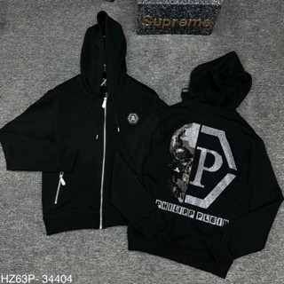 Áo khoác hoodie zip nam nữ Philipp Plein thêu logo sắt ngực phối đính đá nửa đầu lâu chữ sau lưng dành cho boy phố 258