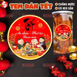 Tem Tết An Nhiên - Phát Tài - Đoàn Viên, Decal Trang Trí Tết Chống Nước, Nhãn Tết Hình Tròn Dán Hộp Quà, Bánh Mứt Tết