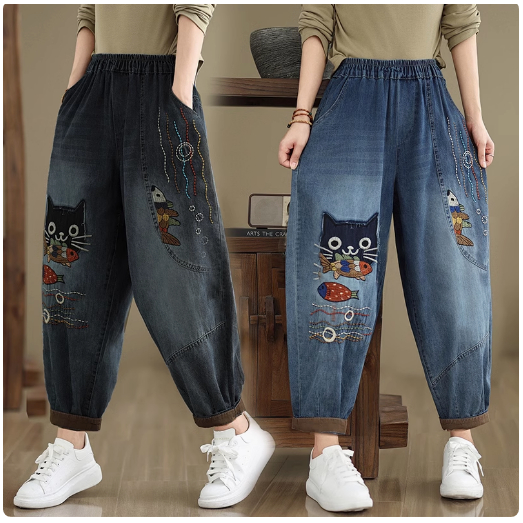 B502 Quần bò bigsize cạp chun gập gấu họa tiết thời trang