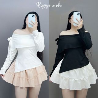 Áo thun kiểu Bigsize Nữ trễ vai vạt xẻ tay dài co giãn sang chảnh mặc lễ tết noel size 60-95kg- G257