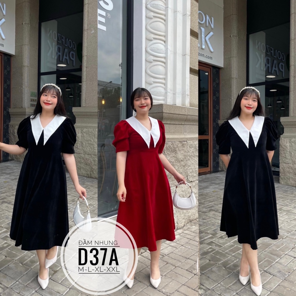 (Bigsize) Đầm nhung cổ sen nhọn dáng dài qua gối (55-90kg)