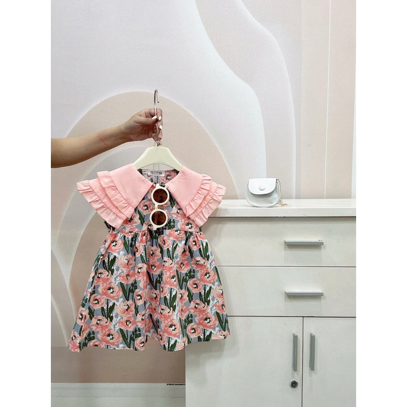 Váy bé gái - Váy bé gái cổ bèo nhiều tầng hoa hồng cho bé gái từ 1 tuổi đến 5 tuổi