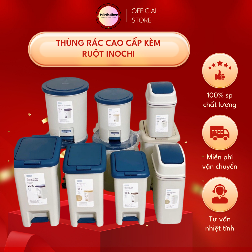 Thùng Rác Inochi (Kèm Ruột) Đạp Chữ Nhật 10L - 15L - 20L - 30L, Tròn 6L - 12L, Nắp Lật 5L - 10L - 15L - Mi Mix Shop