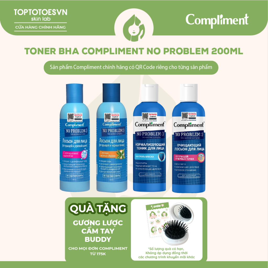 Toner Bha Compliment No Problem Làm Sạch Sâu, Kiềm Dầu, Giảm Mụn, Mờ Thâm 200Ml