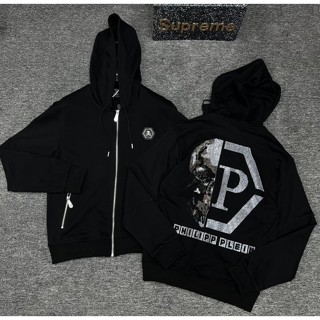 Áo khoác hoodie zip nam nữ Philipp Plein thêu logo sắt ngực phối đính đá nửa đầu lâu chữ sau lưng HZ63P