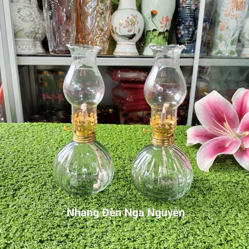 Cặp đèn dầu thủy tinh chân trụ