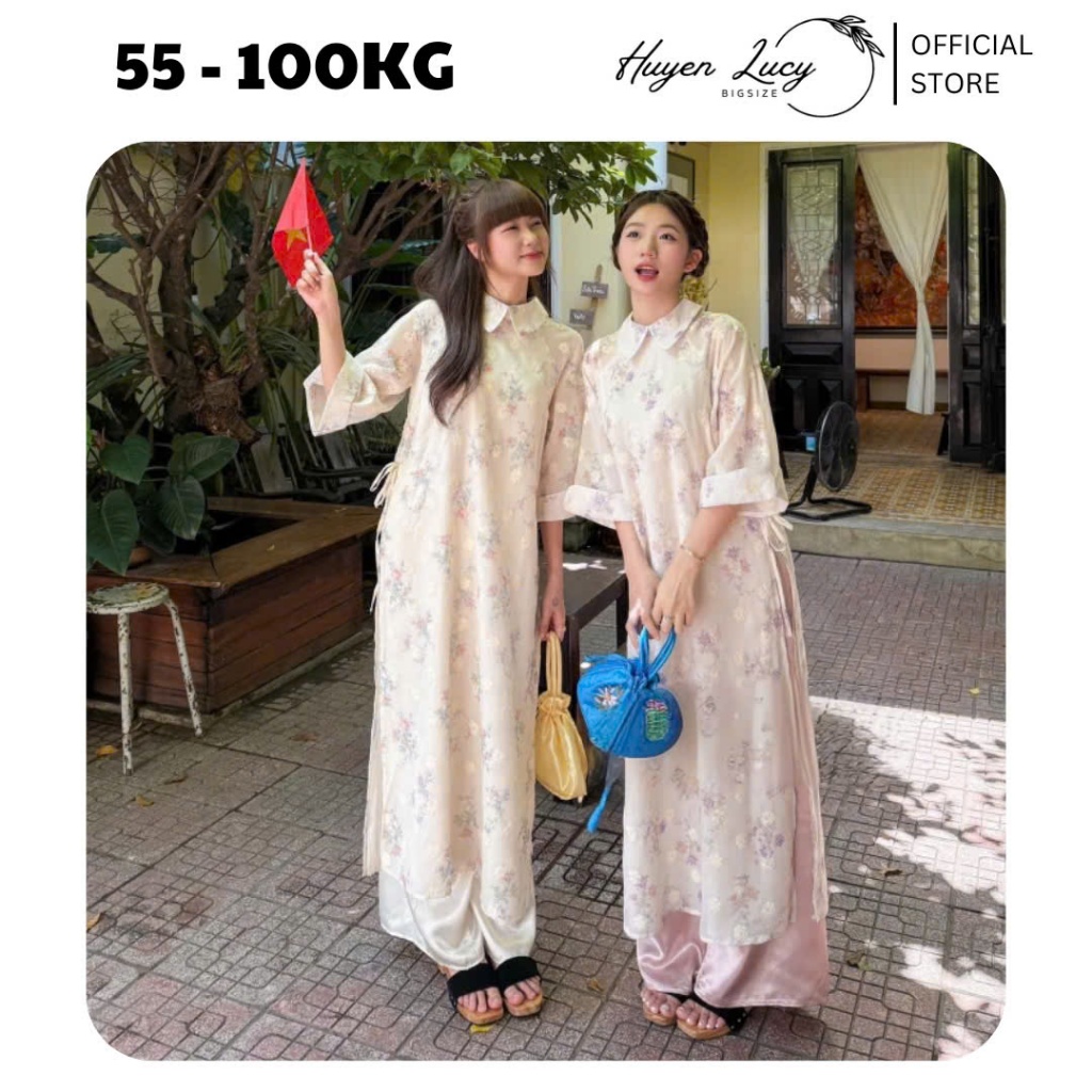 Set áo dài cách tân Lạc Hà cổ sen thêu hoa phối dây buộc nơ duyên dáng thanh lịch hot trend Huyền Lucy Bigsize 2024