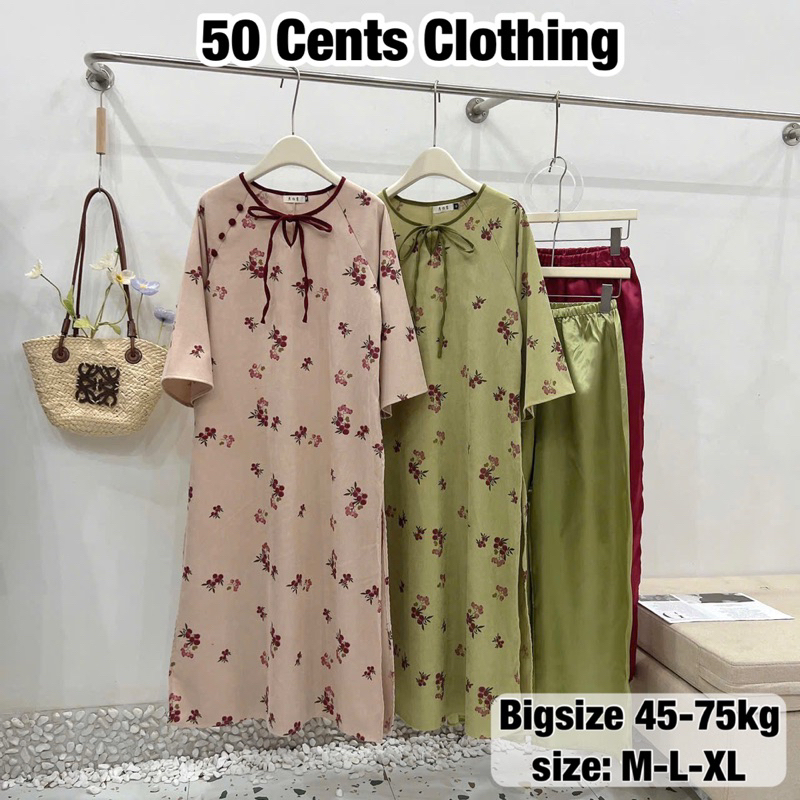 Set Áo Dài Cách Tân Tử Kỳ In Hoa Đính Cúc Bọc Có Bigsize 45-75kg Phối Dây Buộc Nơ Cách Điệu (50 Cents Clothing) #283