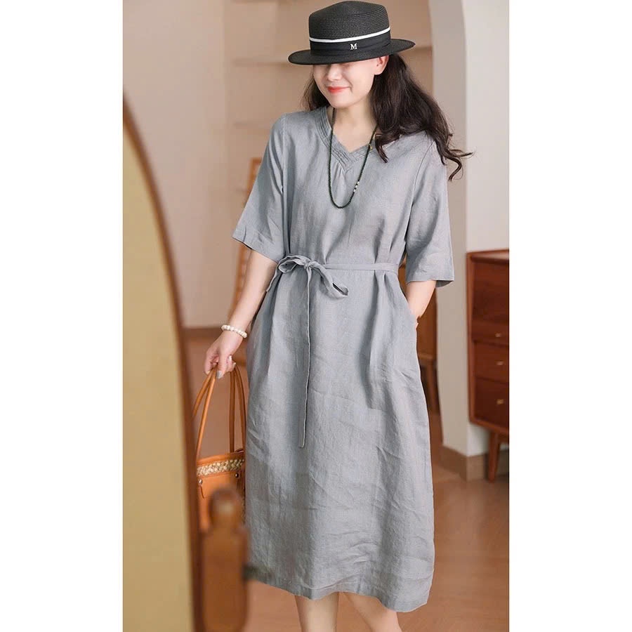 Đầm suông cổ tim tay lỡ kèm đai rời SLINEN, chất vải Linen bột Premium, form váy suông - DS51