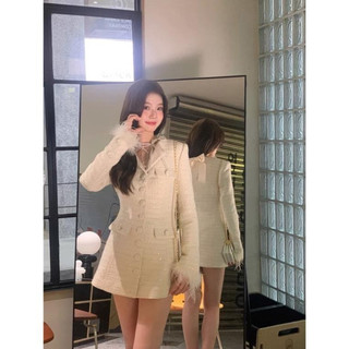  Bling Tweed Dress-Váy Dạ Tweed Váy Dạ Kim Sa Cúc Bọc Cao Cấp Tay Phối Lông Vũ Phong Cách Hàn Quốc 