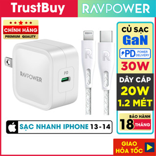 Bộ Củ Sạc iPhone, iPad GaN Nhỏ Gọn RAVPower RP-PC120 30W Và Cáp Type C to Lightning 20W Dài 1.2M - Hàng Chính Hãng