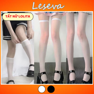 Tất Nữ Lolita Vớ Dài Qua Gối Màu Trơn, Tất Bắp Chân Trơn Trắng Đen Phong Cách Nhật Bản - PK03
