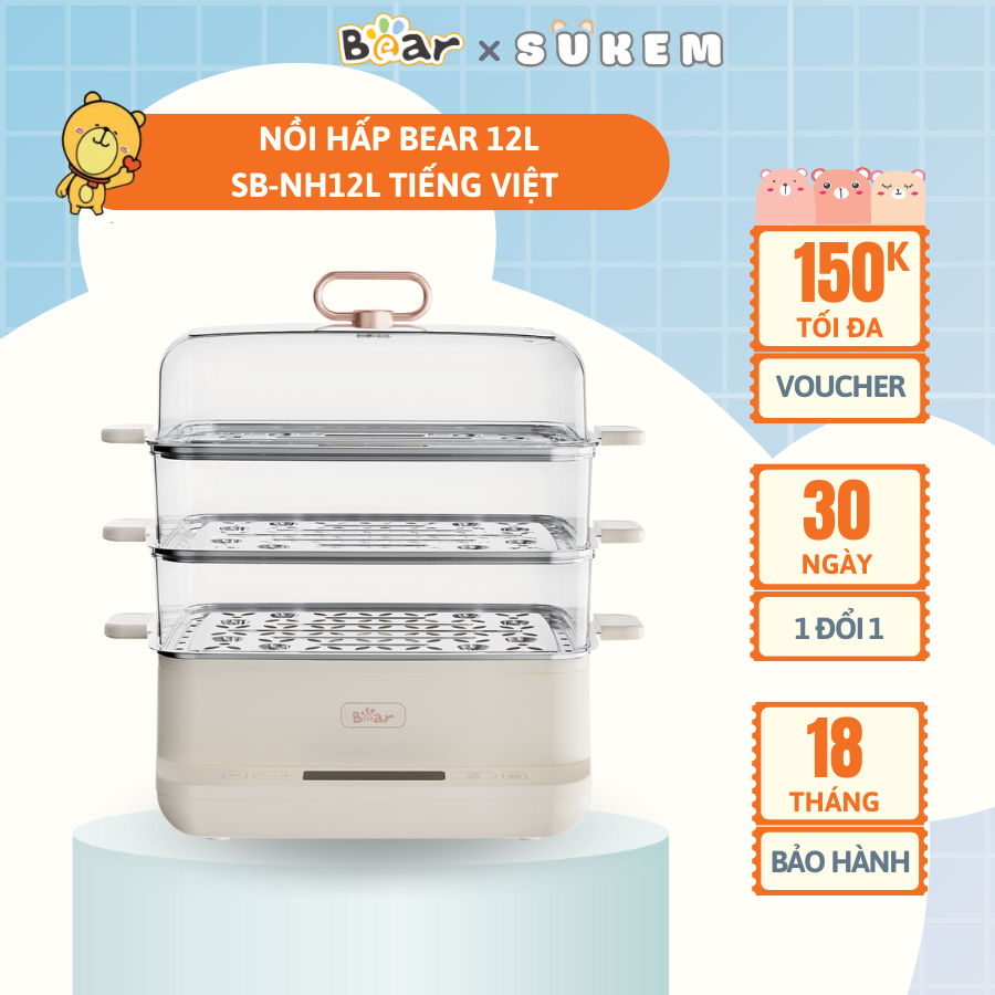 Nồi Hấp Điện 3 Tầng Bear 12L Đa Năng 6 Chế Độ Hấp Kháng Khuẩn 99,99% An Toàn Cho Sức Khỏe EFS-4H27E