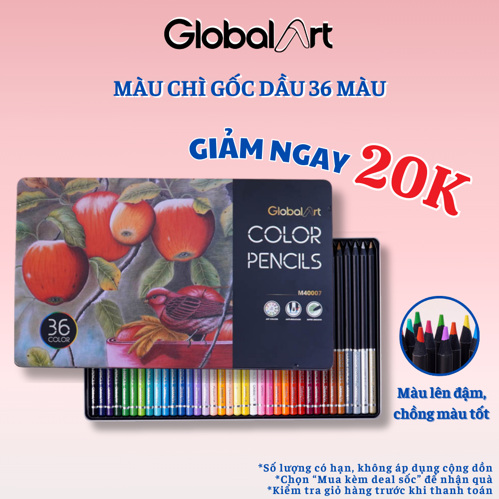 Màu Chì Gốc Dầu Global Art 36 Màu Hộp Thiếc Lõi Chì 4mm Vẽ Tranh Phác Họa Tô Màu M40007