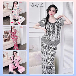 SP_220 Đồ bộ pijama BOLOBALA nữ mặc nhà quần dài áo tay ngắn cổ vuông phối nơ tiểu thư chất lụa latin dễ thương