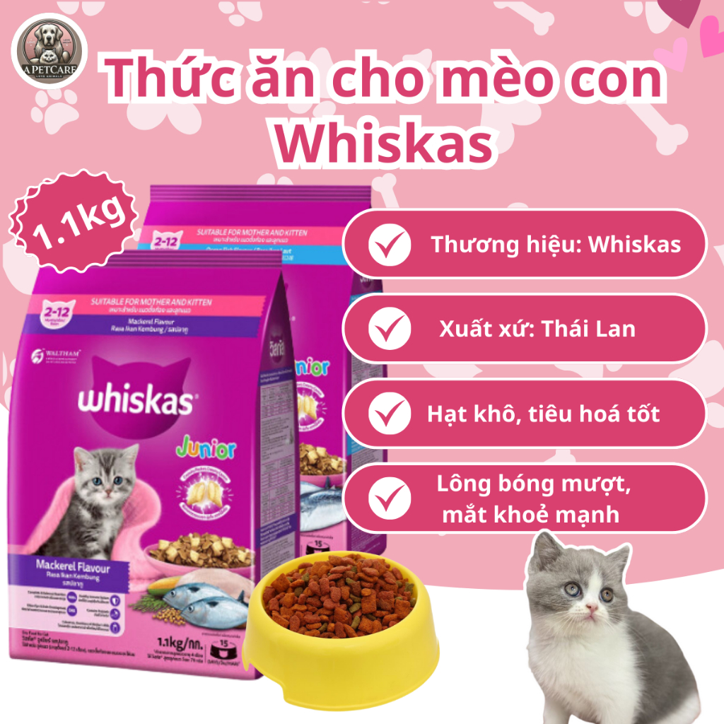 Thức ăn cho mèo con Whiskas 2 vị,hạt khô,giàu dinh dưỡng,giúp lông bóng mượt,mắt sáng khoẻ mạnh1.1kg