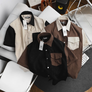 [Bigsize.Bigsizemen] Áo sơ mi tay ngắn chất vải nhung tăm phối màu cá tính bigsize nam 85- 135 kg- SMTN nhung tăm phối