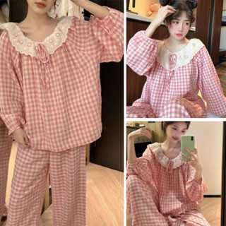  Set đồ ngủ nữ mặc nhà trễ vai kẻ caro - Set đồ bộ nữ màu trơn pastel B12 