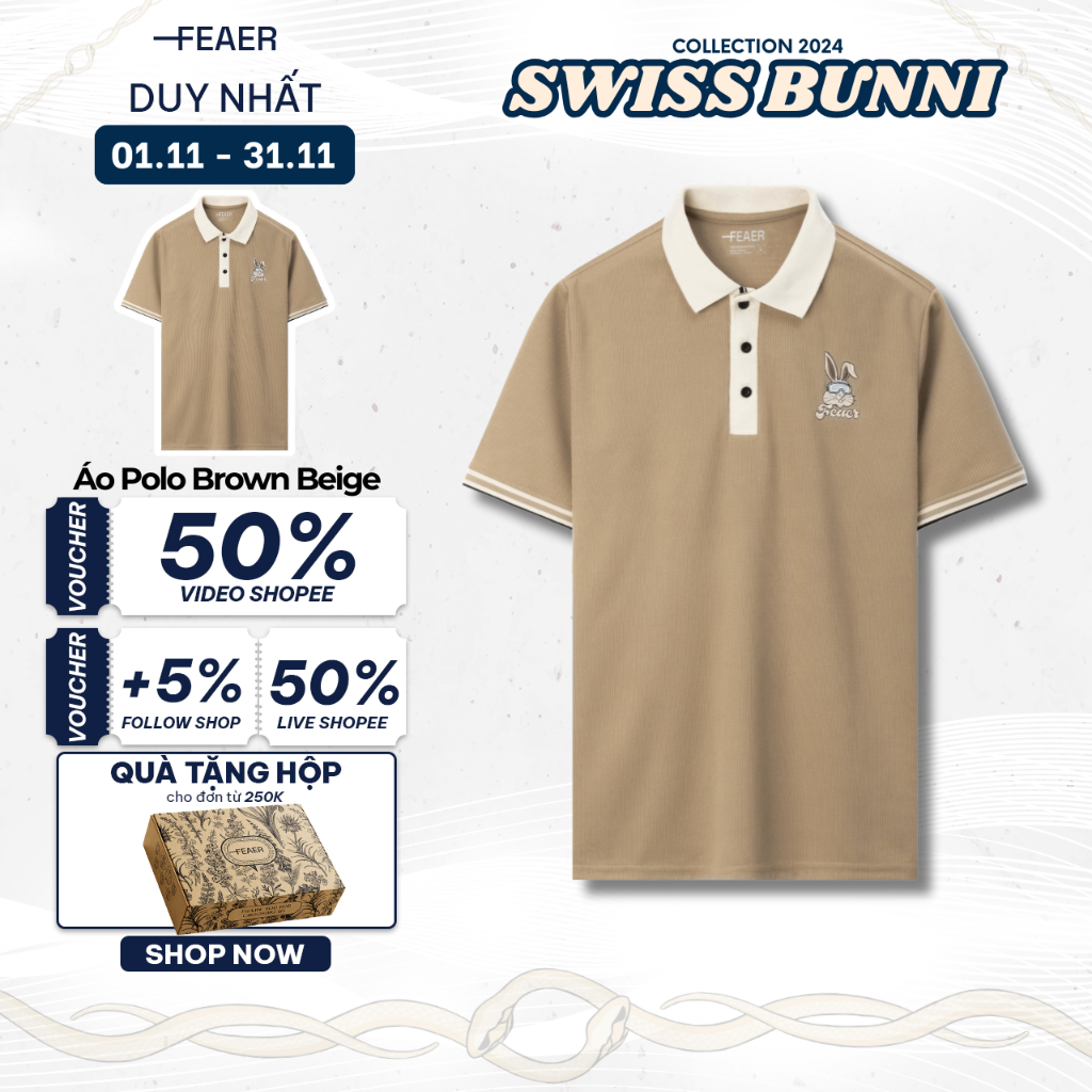 Áo polo nam có cổ Brown Beige tay ngắn, vải thun gân mềm, ít nhăn, co giãn thoải mái - FEAER