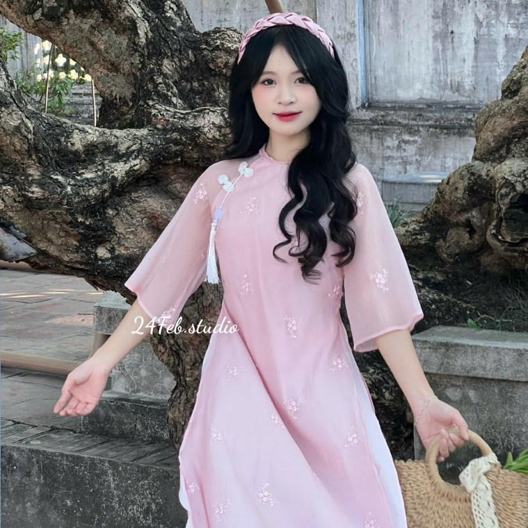 Set áo dài cách tân nữ 4 tà vải tơ thêu cổ tết tròn đính nơ hoa kèm quần lụa và bờm 24Febstudio AD05 | BigBuy360 - bigbuy360.vn