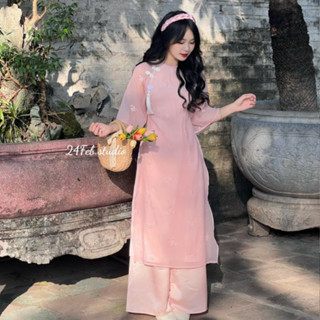Set áo dài cách tân nữ 4 tà vải tơ thêu cổ tết tròn đính nơ hoa kèm quần lụa và bờm 24Febstudio AD05