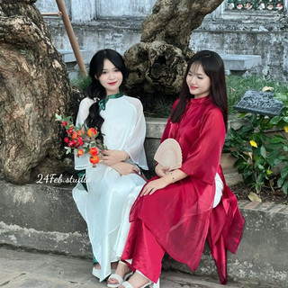  Set áo dài cách tân nữ tơ óng cúc ngọc cổ viền tay lỡ kèm quần lụa 24FebStudio AD04 