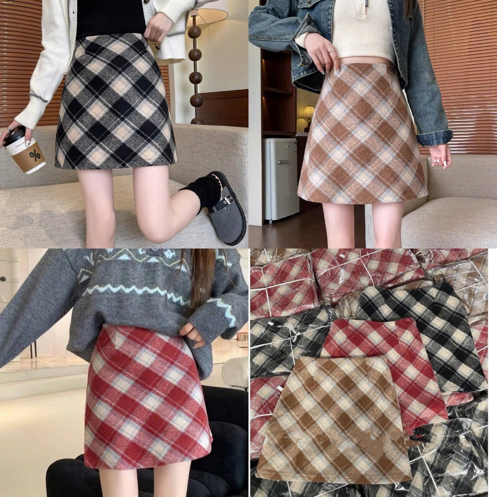 Chân Váy Dạ Chữ A Dáng Ngắn Kẻ Đỏ 2 Lớp Dày Dặn 3 Màu Hot Trend (Ảnh Thật Trải Sàn) Lollaye