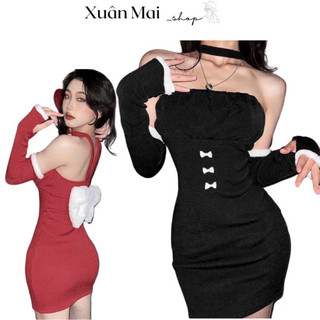 Đầm yếm ren tơ tằm hở lưng cổ 3 màu đen đỏ trắng mặc Noel, lễ Tết