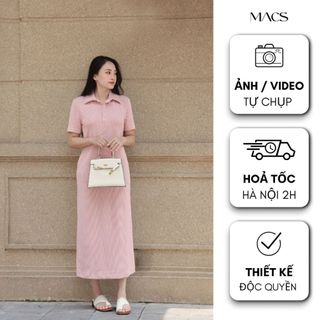 Váy đầm suông dài_cổ polo_tay cộc_vải thụn dệt sợi nổi gân cao cấp_MACS_Adela Dress (+10% phí sàn )