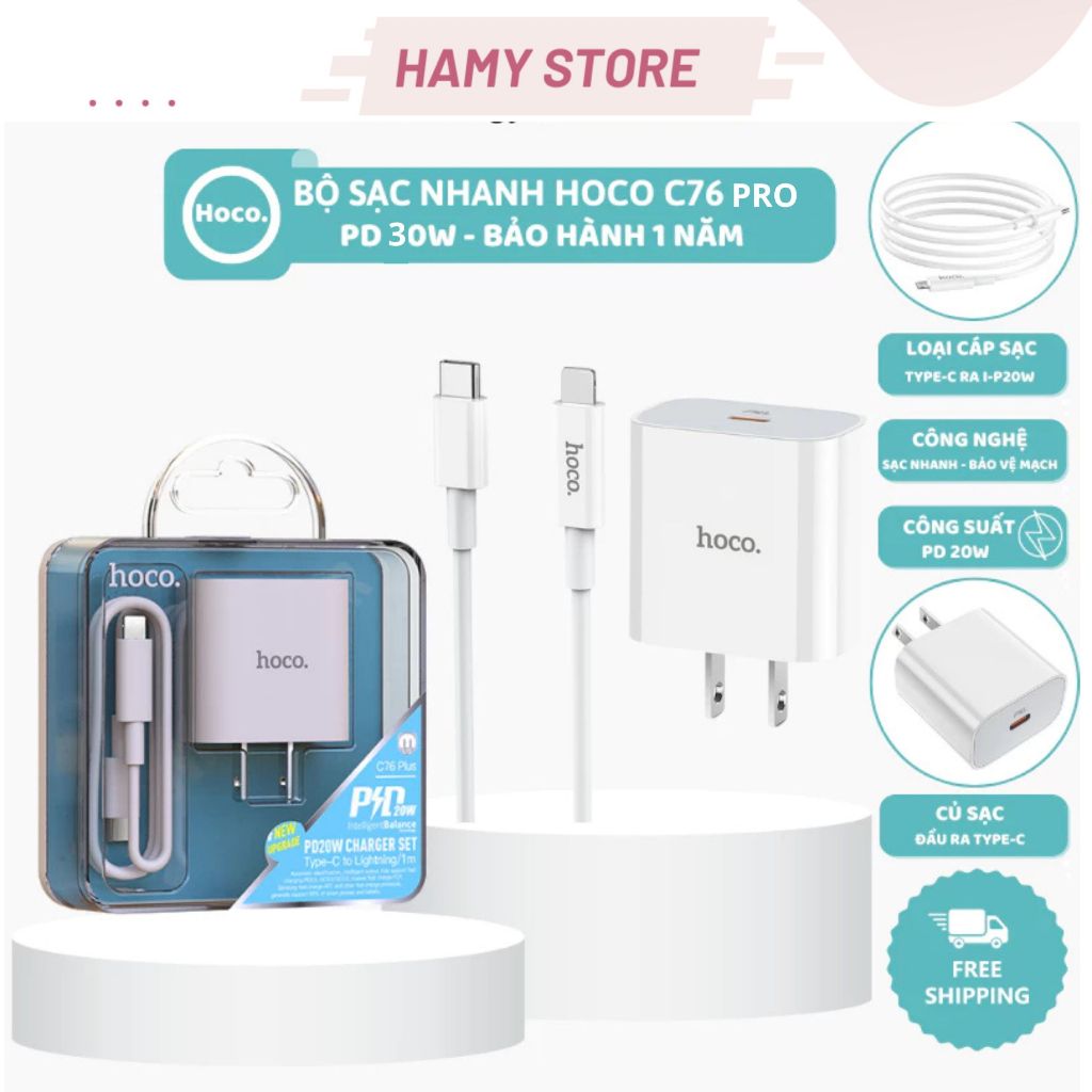 Bộ Sạc Nhanh PD 20W/ 30W Cho 8/8P X/Xs 11/12/ 13/14 Pro/ProMax Hoco C76/C76A Plus Chuẩn Type-C, Đầu 