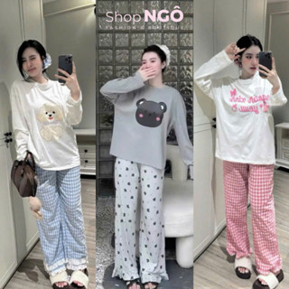 Set bộ bận nhà dễ thương, đáng iu cho nàng, set áo cổ tròn tay dài thun tăm họa tiết bé cún phối quần suông caro xanh 3m