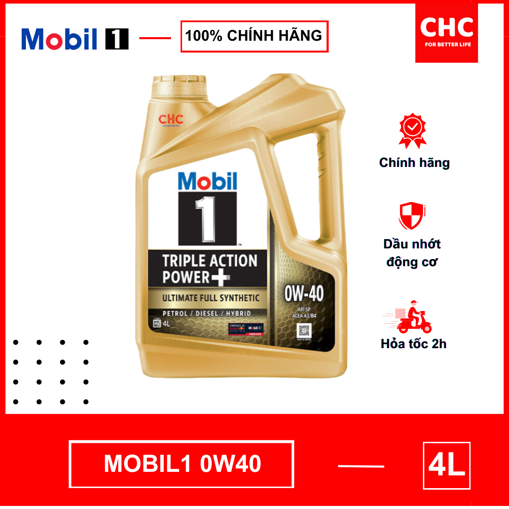 Dầu nhớt Mobil1 0W40 Triple Action Power, phù hợp xe Audi, Lamboghini, Mercedes Benz, BMW, VW, Toyot