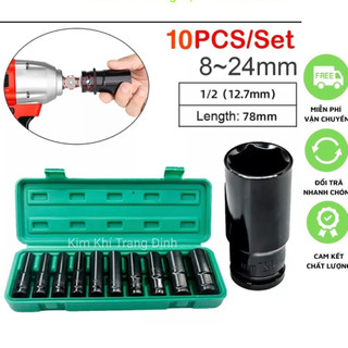 Bộ Khẩu 10 Chi Tiết, Khẩu 78mm 1/2 Dùng Cho Máy Siết Bulong, Bộ 10 đầu khẩu Thép Cao Cấp, Chống Gỉ, Chống Vỡ
