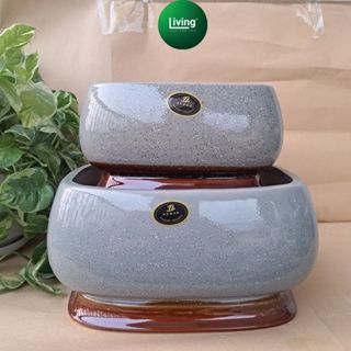 Chậu chữ nhật bầu có chân đế gốm sứ tráng men cao cấp trồng cây cảnh, bonsai, cắm hoa | Livin Decor