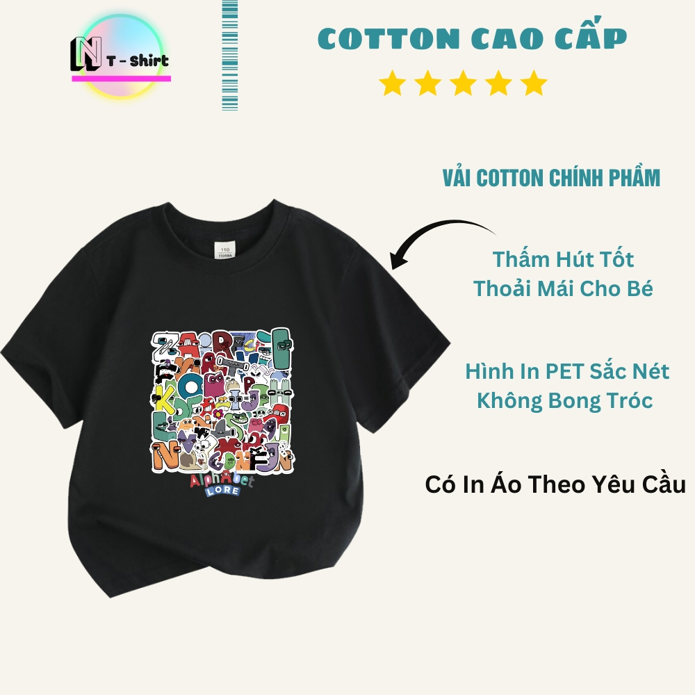 Áo thun cho bé trai và bé gái in hình ALPHABET LORE dễ thương, chất liệu cotton mềm mịn thoáng mát N