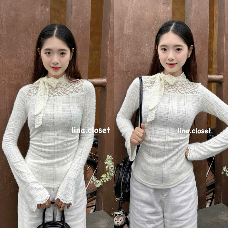 Áo len lông thỏ mỏng nhẹ KUMI TOP dài tay phối cổ ren điệu đà thắt nơ tiểu thư siêu xinh