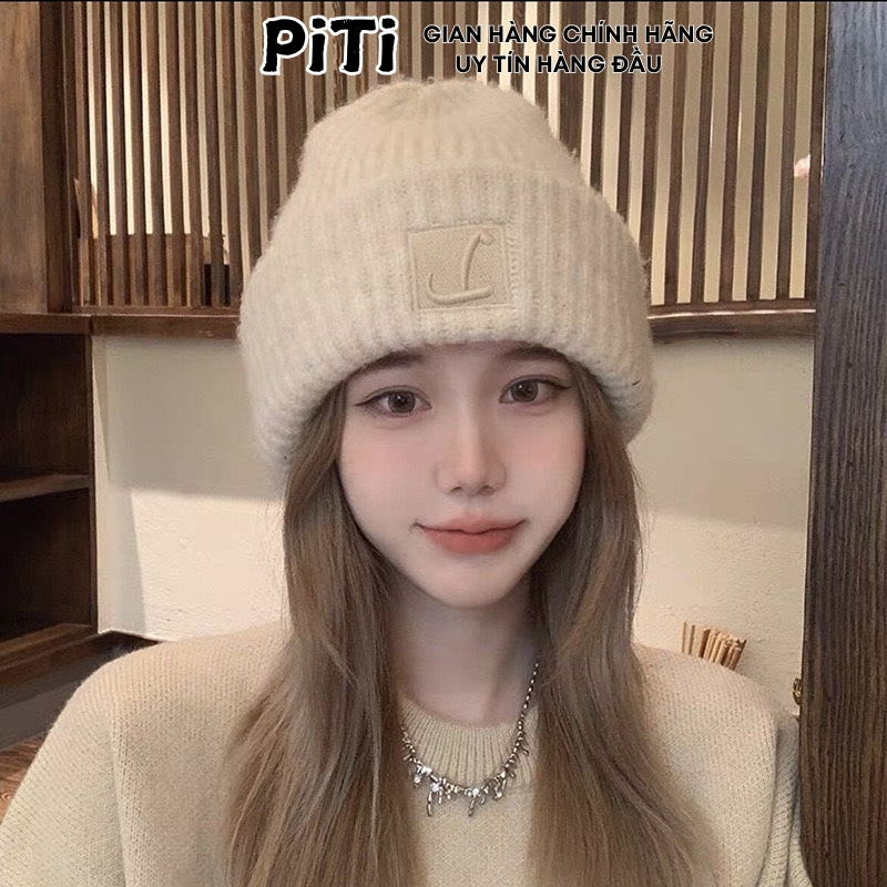 Mũ len nữ dệt kim thêu nổi chữ L PITI nón len beanie trùm đầu mùa đông giữ ấm phong cách thời trang hàn quốc