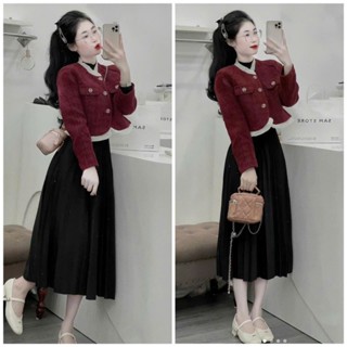 Set áo khoác dạ tweed 2 lớp đỏ viền bèo kèm chân váy xếp ly dáng dài maxi tiểu thư mùa đông size 40-75kg