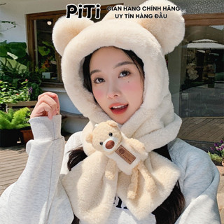 Mũ len nữ kèm khăn PITI tặng kèm gấu nón len nữ trùm đầu phong cách hàn quốc thời trang giữ ấm tốt