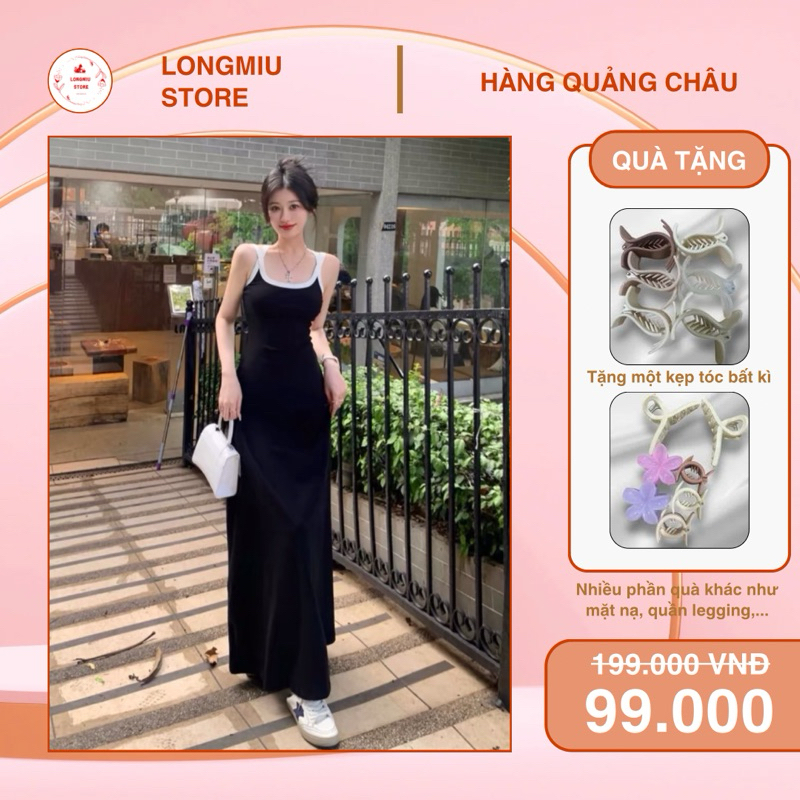Váy body len dệt kim hai dây màu đen dáng dài thiết kế hở lưng chéo chữ X màu trắng thời trang hè