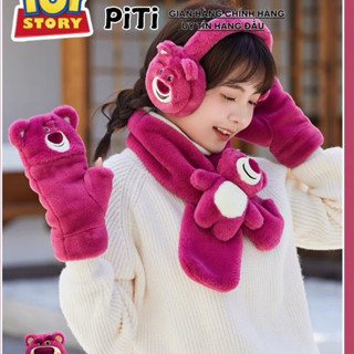 Combo Gấu Dâu 3 món PITI giữ ấm gồm găng tay khăn quàng và chùm tai cute dễ thương