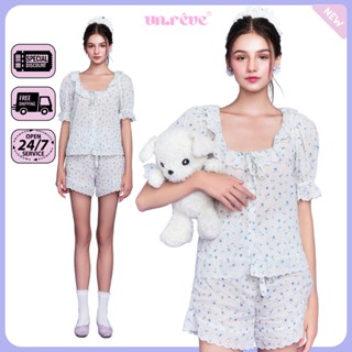UNRÊVE BLUE IVY FLORA Bộ Đồ Ngủ Cộc Set Đồ Mặc Nhà Nữ Cao Cấp Pijama Cotton Pyjama Thời Trang