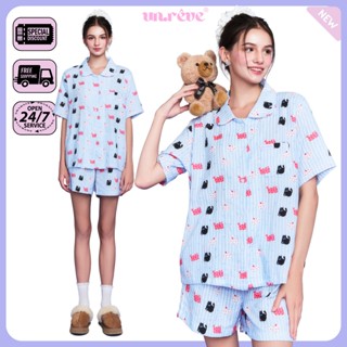UNRÊVE BLACK MEOMEOW Bộ Đồ Ngủ Cộc Set Đồ Mặc Nhà Nữ Cao Cấp Pijama Cotton Pyjama Thời Trang