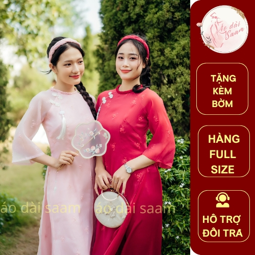 Áo dài nữ cách tân Tết Saam 2025 Yến Ngọc màu hồng tay lỡ cổ tròn chất liệu voon tơ thêu hoa sắc nét