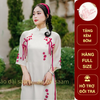 Áo dài nữ cách tân Tết Saam 2025 Thanh Trúc màu be tay lỡ cổ tròn chất liệu voon tơ thêu hoa sắc nét