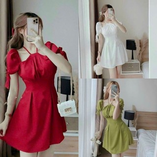 Đầm cổ yếm cột nơ thời trang nữ tay ngắn phồng có mút ngực chất vải Umi cao cấp mặc đi chơi.Lis
