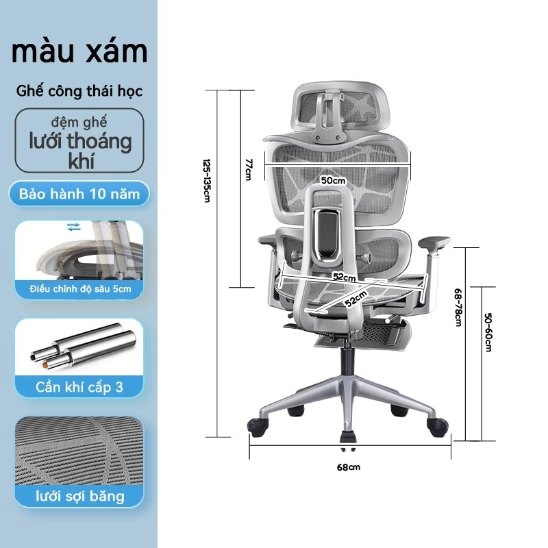 Ghế Xoay Văn Phòng, Ghế Chơi Game Công Thái Học Tựa Đầu 3D, Lưng Ghế Có Thể Ngả 155 độ, Bảo Vệ Cột Sống
