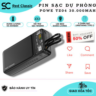 Sạc Dự Phòng Cao Cấp Powe TZ04 30000 mAh Dung Lượng Lớn ,Hỗ Trợ Sạc Nhan ,Tích Hợp 2 Cáp Sạc Có Thể Sạc Nhiều Thiết Bị .