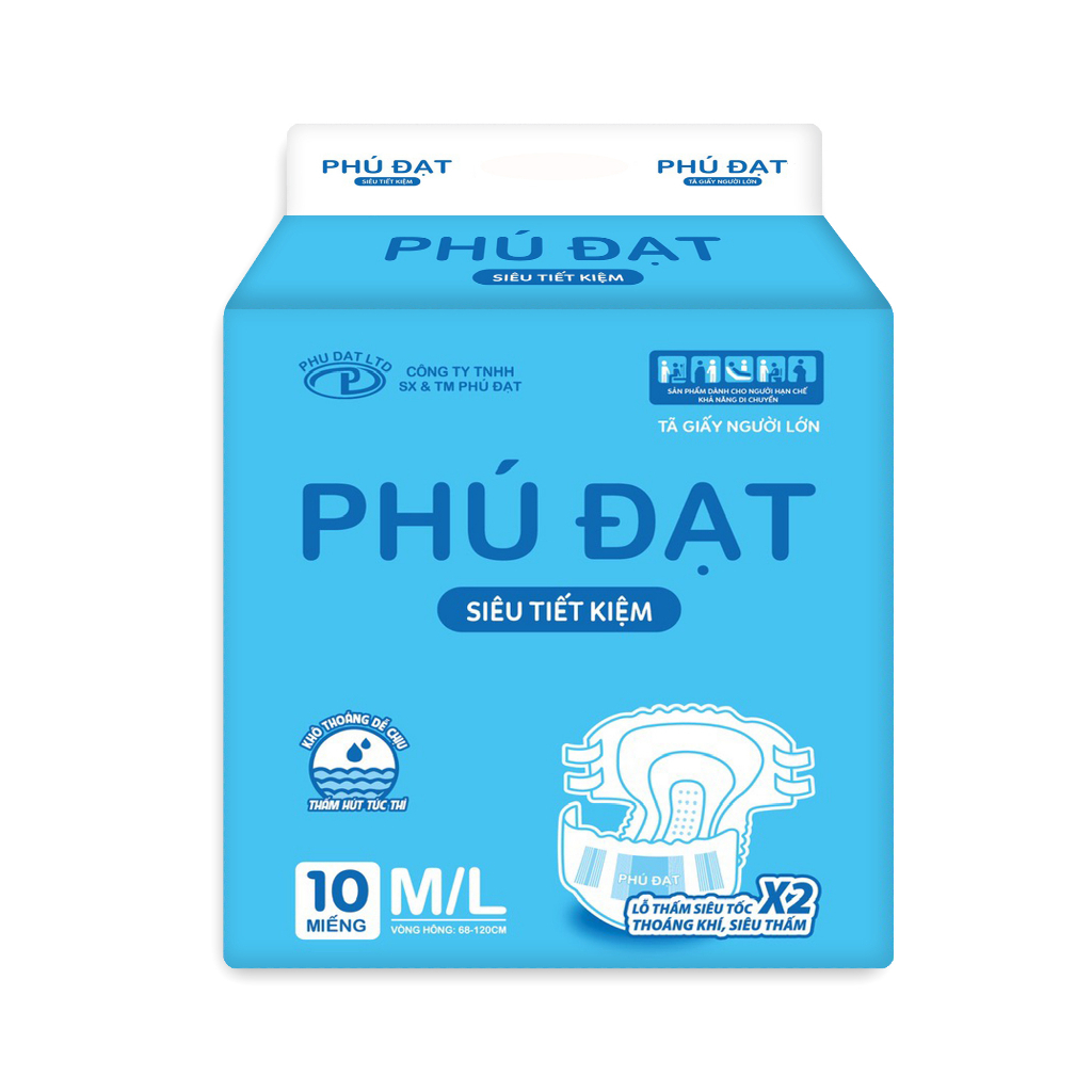 Tã dán người lớn Phú Đạt thấm hút siêu tiết kiệm size M/L 10 miếng
